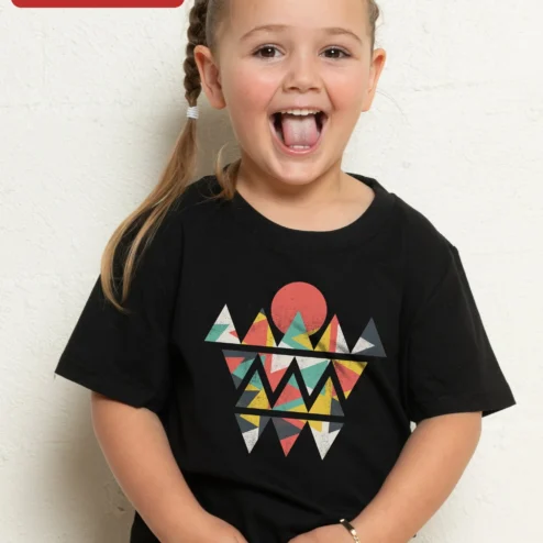 Geometric Mountain Landscape Graphic Tee Retro Sun Design Kids Outdoor Adventure Shirt on a hanger, ready to ship from Chicago, Illinois