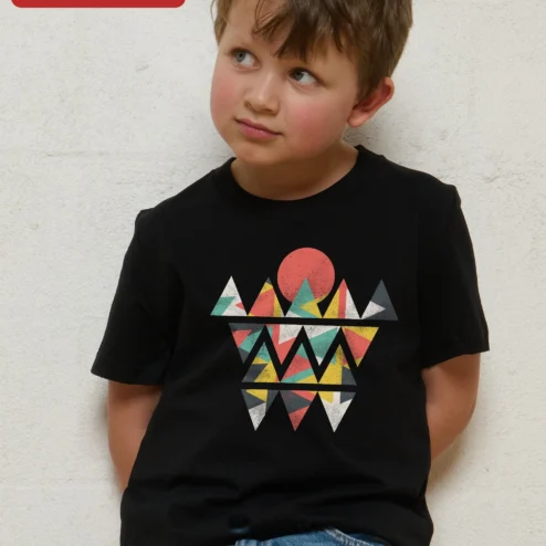 Geometric Mountain Landscape Graphic Tee Retro Sun Design Kids Outdoor Adventure Shirt