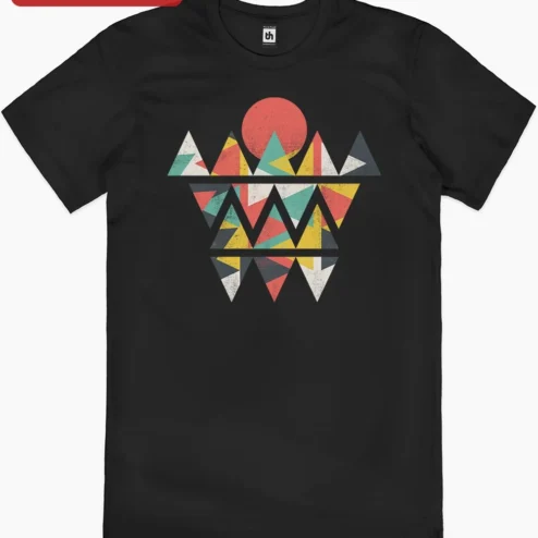 Geometric Mountain Sunset Abstract Tee Retro Synthwave Nature Graphic Shirt for Hikers Campers Outdo on a hanger, ready to ship from Chicago, Illinois
