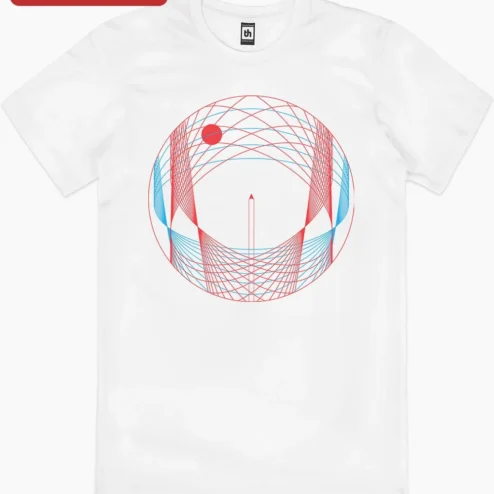 Geometric Sci-Fi Wireframe Sphere Tee Retro Futuristic Cyberpunk Digital Art Shirt on a hanger, ready to ship from Chicago, Illinois