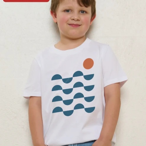Geometric Semicircle Pattern Kids Tee Retro Mid-Century Modern Toddler Shirt on a hanger, ready to ship from Chicago, Illinois
