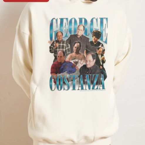 George Costanza Hoodie Seinfeld Fan Gift Black Pullover Sweatshirt on a hanger, ready to ship from Chicago, Illinois