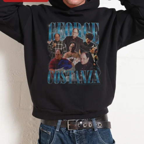 Customer in Chicago, Illinois wearing George Costanza Hoodie Seinfeld Fan Gift Black Pullover Sweatshirt