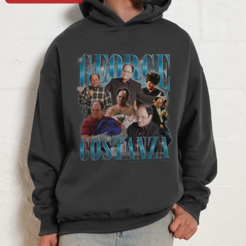 Close-up of George Costanza Hoodie Seinfeld Fan Gift Black Pullover Sweatshirt for streetwear fans in Chicago, Illinois