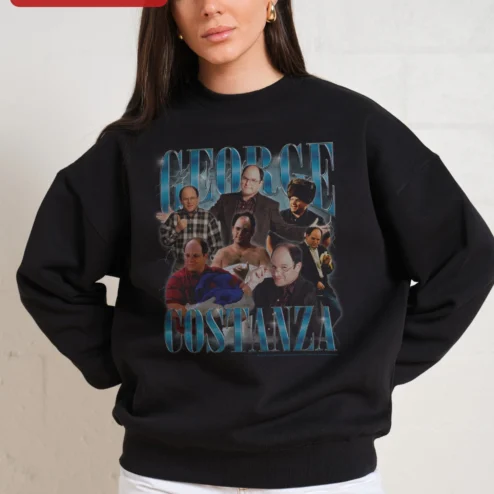 Customer in Chicago, Illinois wearing George Costanza Seinfeld Fan Crewneck Sweatshirt Vintage TV Sitcom Collage Gift