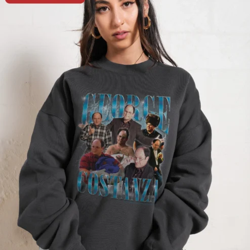 Close-up of George Costanza Seinfeld Fan Crewneck Sweatshirt Vintage TV Sitcom Collage Gift for streetwear fans in Chicago, Illinois