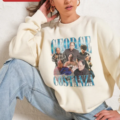 Customer in Chicago, Illinois wearing George Costanza Seinfeld Fan Crewneck Sweatshirt Vintage TV Sitcom Collage Gift