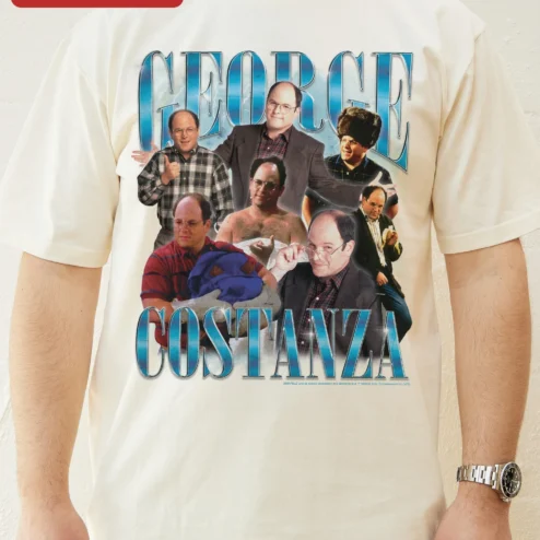 Close-up of George Costanza Tee Seinfeld Fan Gift Vintage Sitcom Character Shirt for streetwear fans in Chicago, Illinois