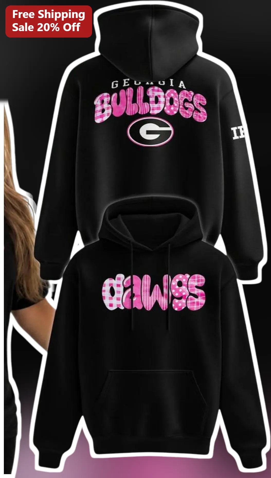 Georgia Bulldogs Dawgs Hoodie UGA Fan Gear Black Pink Plaid Pullover for Women College Football Merch