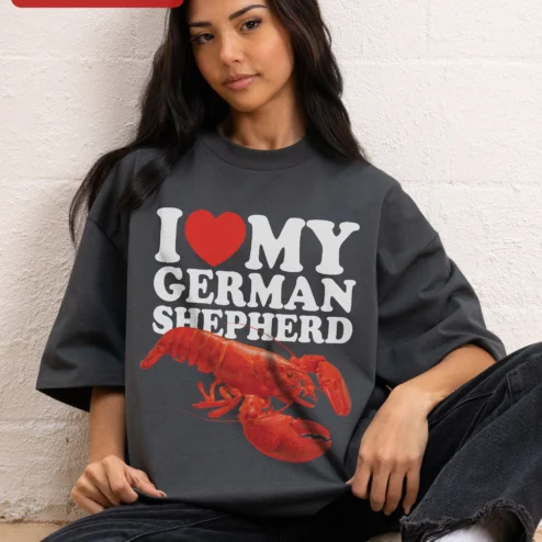 German Shepherd Lover Graphic Tee I Love My German Shepherd Shirt for GSD Owners on a hanger, ready to ship from Chicago, Illinois