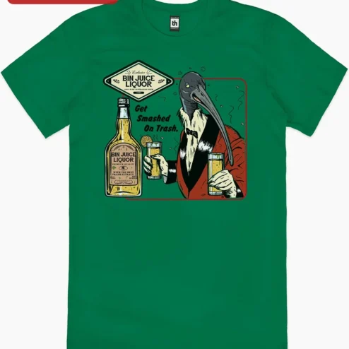 Close-up of Get Smashed On Trash Tee Funny Pelican Drinking Meme Shirt for Men for streetwear fans in Chicago, Illinois