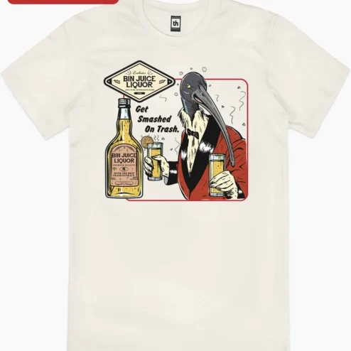 Customer in Chicago, Illinois wearing Get Smashed On Trash Tee Funny Pelican Drinking Meme Shirt for Men