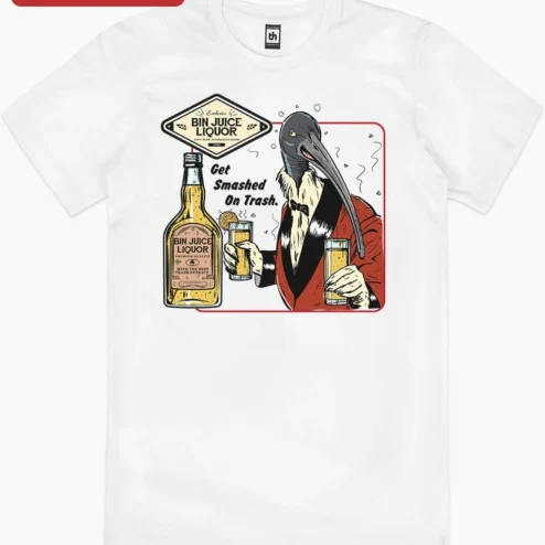 Close-up of Get Smashed On Trash Tee Funny Pelican Drinking Meme Shirt for Men for streetwear fans in Chicago, Illinois