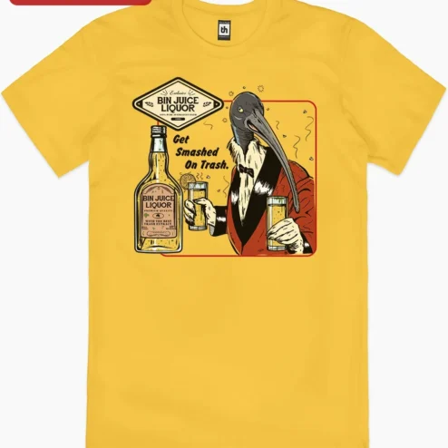 Customer in Chicago, Illinois wearing Get Smashed On Trash Tee Funny Pelican Drinking Meme Shirt for Men