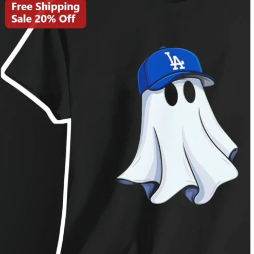 Ghost Wearing LA Dodgers Hat Tee Halloween Baseball Fan Gift