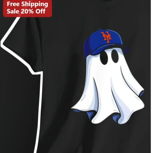 Ghost Wearing NY Mets Hat Tee Halloween Baseball Fan Gift