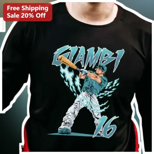 GIAMBI Long Sleeve Shirt Paul Giambi Baseball Fan Apparel Black Tee with Number 16 and Lightning Graphic