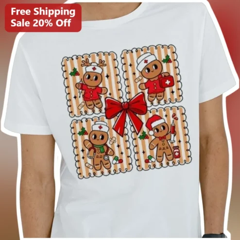 Gingerbread Nurse Christmas Gift Box Tee for Healthcare Workers Holiday