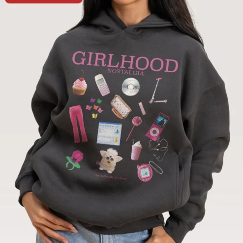 Girlhood Nostalgia Hoodie Y2K Retro Collage Black Pullover Gift for Women on a hanger, ready to ship from Chicago, Illinois