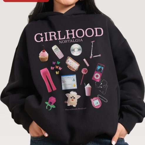 Girlhood Nostalgia Hoodie Y2K Retro Collage Black Pullover Gift for Women