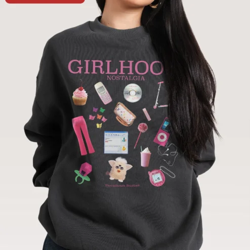 Girlhood Nostalgia Sweatshirt Y2K Retro Tech Collage Gift for Women on a hanger, ready to ship from Chicago, Illinois