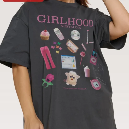 Girlhood Nostalgia Tee Y2K Retro Graphic T-Shirt Gift for Women on a hanger, ready to ship from Chicago, Illinois