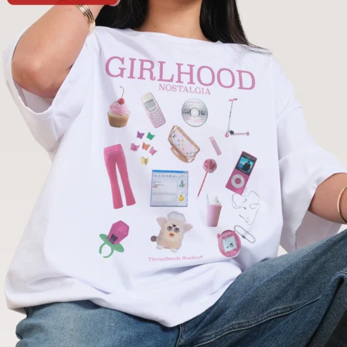 Close-up of Girlhood Nostalgia Tee Y2K Retro Graphic T-Shirt Gift for Women for streetwear fans in Chicago, Illinois