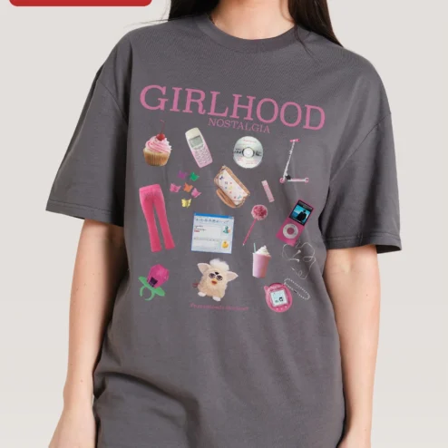 Girlhood Nostalgia Y2K Graphic Tee Women Retro Pop Culture Collage Shirt on a hanger, ready to ship from Chicago, Illinois