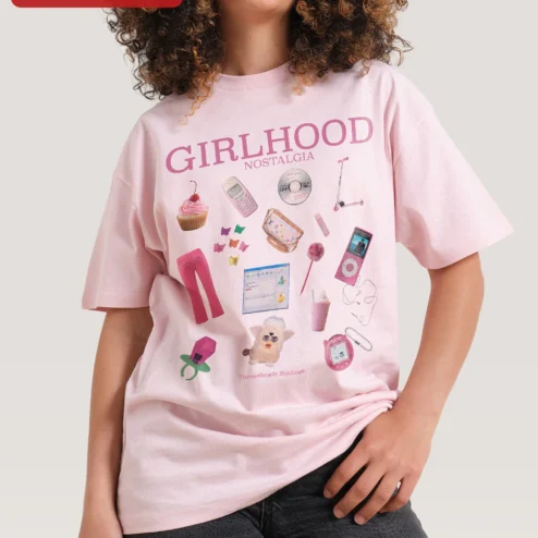Customer in Chicago, Illinois wearing Girlhood Nostalgia Y2K Graphic Tee Women Retro Pop Culture Collage Shirt