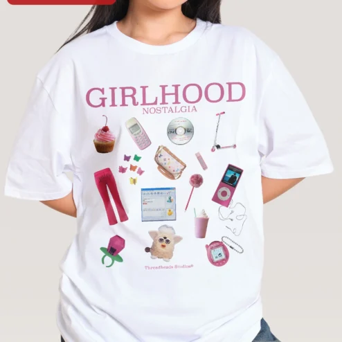Close-up of Girlhood Nostalgia Y2K Graphic Tee Women Retro Pop Culture Collage Shirt for streetwear fans in Chicago, Illinois