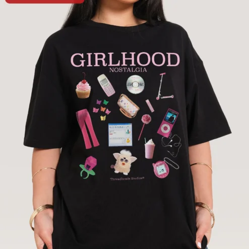 Girlhood Nostalgia Y2K Graphic Tee Women Retro Pop Culture Collage Shirt