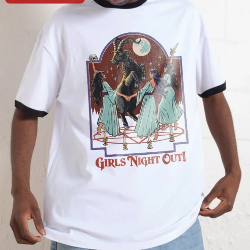 Girls Night Out Tee Funny Witchy Occult Goat Graphic T-Shirt for Women Bachelorette Party Gift on a hanger, ready to ship from Chicago, Illinois