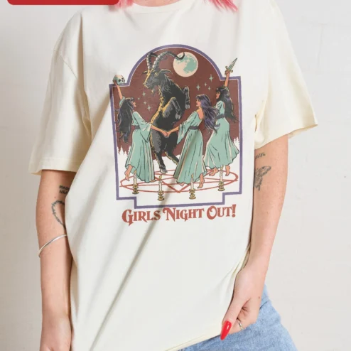 Customer in Chicago, Illinois wearing Girls Night Out Tee Funny Witchy Occult Goat Graphic T-Shirt for Women Bachelorette Party Gift