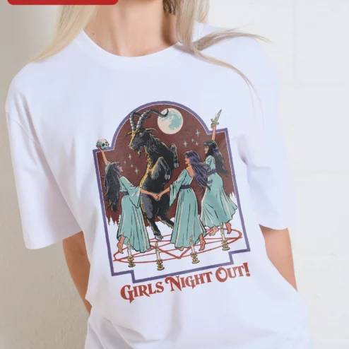 Close-up of Girls Night Out Tee Funny Witchy Occult Goat Graphic T-Shirt for Women Bachelorette Party Gift for streetwear fans in Chicago, Illinois
