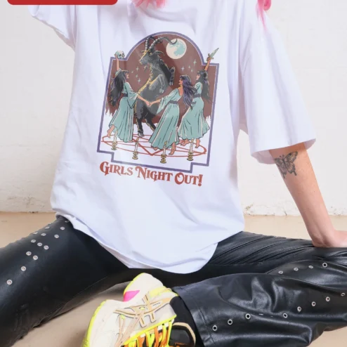 Girls Night Out Tee Retro Witch Coven Baphomet Graphic Shirt Funny Occult Pagan Gift for Women