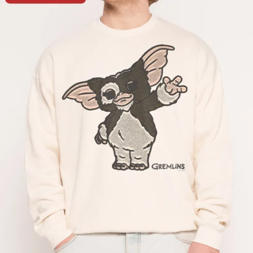 Close-up of Gizmo Sweatshirt Gremlins Movie Fan Crewneck Retro Pop Culture Apparel for streetwear fans in Chicago, Illinois