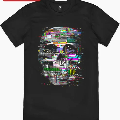 Glitch Skull Cyberpunk Tee Digital Distortion Neon Graphic Shirt for Men Women Halloween Gaming Streetwear
