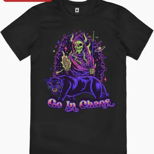 Go In Chaos Tee Occult Skeleton Neon Panther Psychedelic Graphic Shirt Unisex on a hanger, ready to ship from Chicago, Illinois