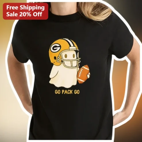 Go Pack Go Cute Ghost Halloween Green Bay Packers Fan Tee available at our Chicago, Illinois warehouse
