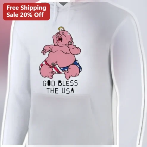 God Bless The USA Hoodie Patriotic Satire Crying Baby American Flag Diaper Graphic Pullover