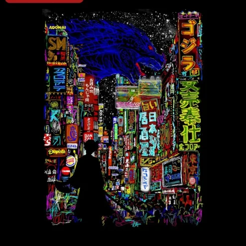 Godzilla Poster Cyberpunk Neon Kaiju Wall Art Print for Fans