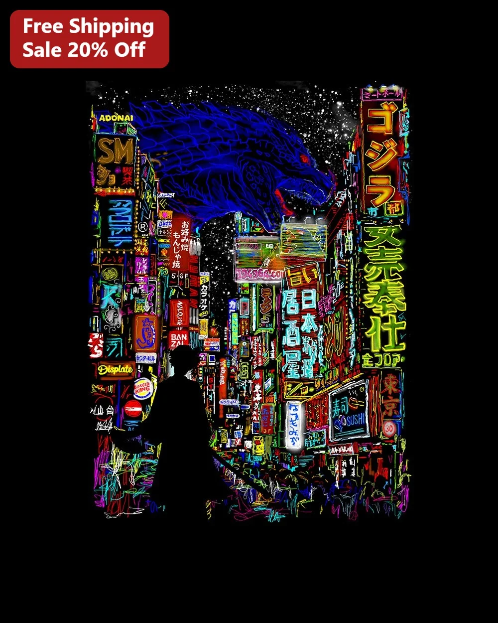 Godzilla Poster Cyberpunk Neon Kaiju Wall Art Print for Fans