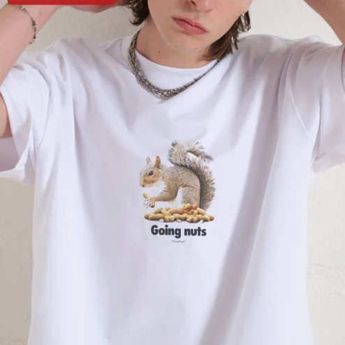 Going Nuts Squirrel Peanut Pun Graphic Tee for Men Women Funny Animal Lover Gift on a hanger, ready to ship from Chicago, Illinois