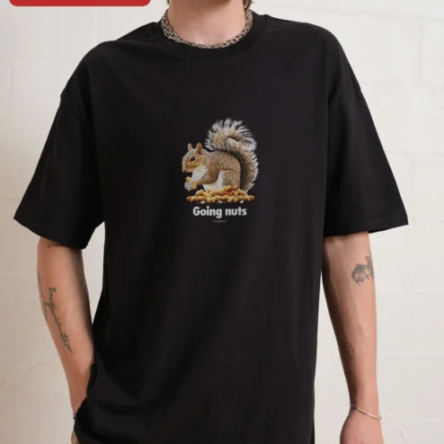 Going Nuts Tee Funny Squirrel Peanut Pun Graphic T-Shirt for Animal Lovers on a hanger, ready to ship from Chicago, Illinois