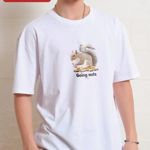 Customer in Chicago, Illinois wearing Going Nuts Tee Funny Squirrel Peanut Pun Graphic T-Shirt for Animal Lovers