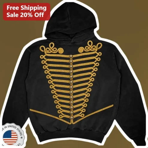 Gold Hussar Jacket Graphic Hoodie Military Frogging Design for Men Fall Winter Gift