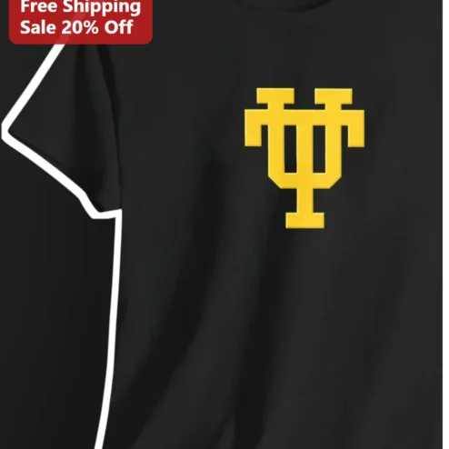 Gold Interlocking Monogram Logo Tee Black Cotton Varsity Style Gift for College Students Alumni