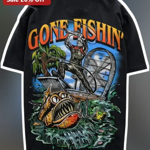 Gone Fishin Skeleton Airboat Graphic Tee Funny Swamp Fishing Shirt for Men Women