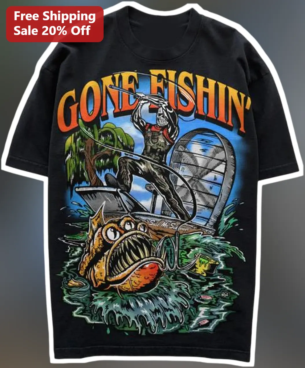 Gone Fishin Skeleton Airboat Graphic Tee Funny Swamp Fishing Shirt for Men Women
