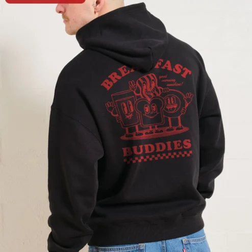 Customer in Chicago, Illinois wearing Good Morning Sunshine Hoodie Retro Breakfast Buddies Graphic Sweatshirt for Men Women